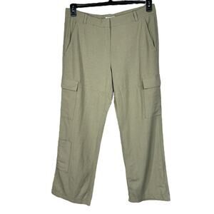 H&M SZ 14 Wide Straight Leg Pants Linen Blend Cargo Pocket Hi-Rise Zip-Fly Beige